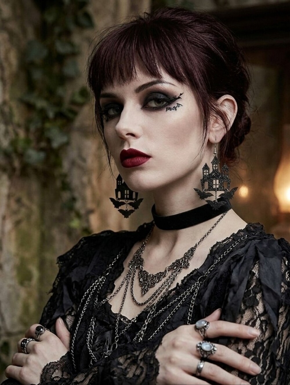 Black Gothic Halloween Theme Acrylic Drop & Dangle Earrings Bat‎ Haunted Castle